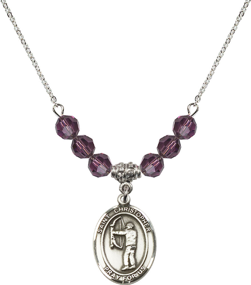 Sterling Silver Saint Christopher/Archery Birthstone Necklace with Amethyst Beads - 8190