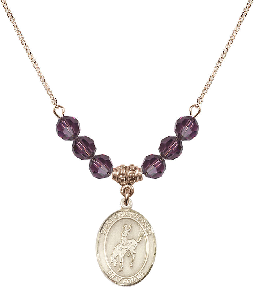 14kt Gold Filled Saint Christopher / Rodeo Birthstone Necklace with Amethyst Beads - 8192