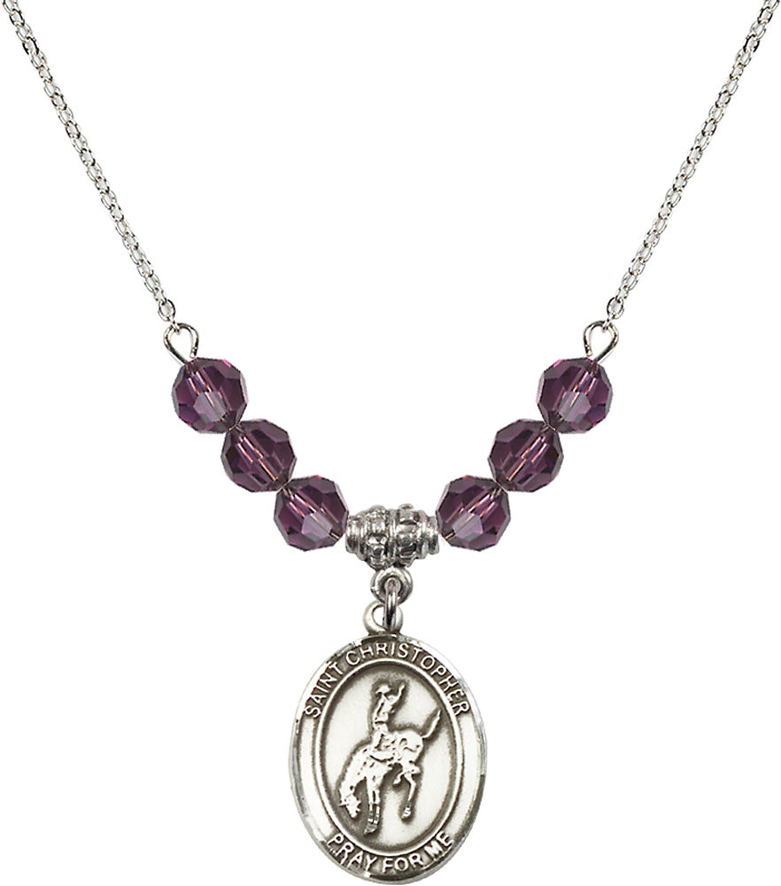 Sterling Silver Saint Christopher / Rodeo Birthstone Necklace with Amethyst Beads - 8192