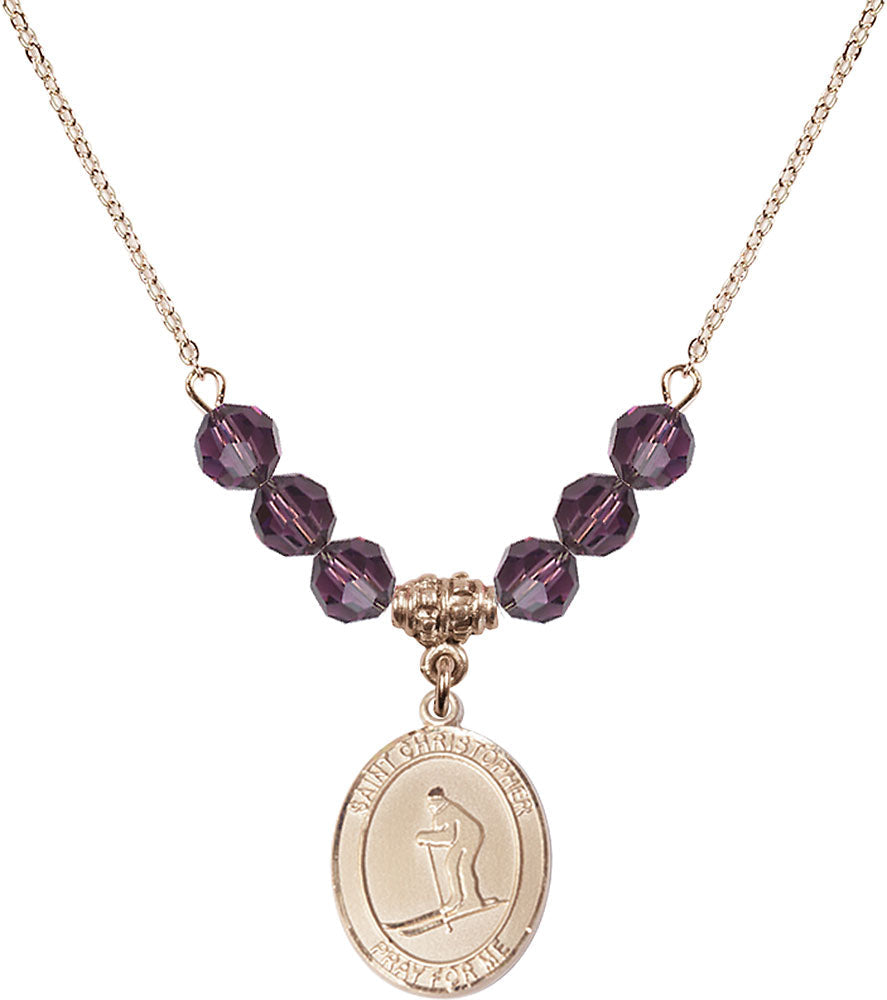 14kt Gold Filled Saint Christopher / Skiing Birthstone Necklace with Amethyst Beads - 8193