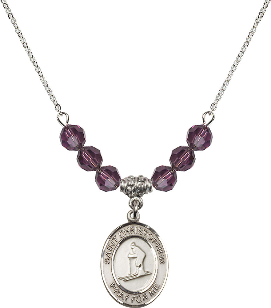 Sterling Silver Saint Christopher / Skiing Birthstone Necklace with Amethyst Beads - 8193