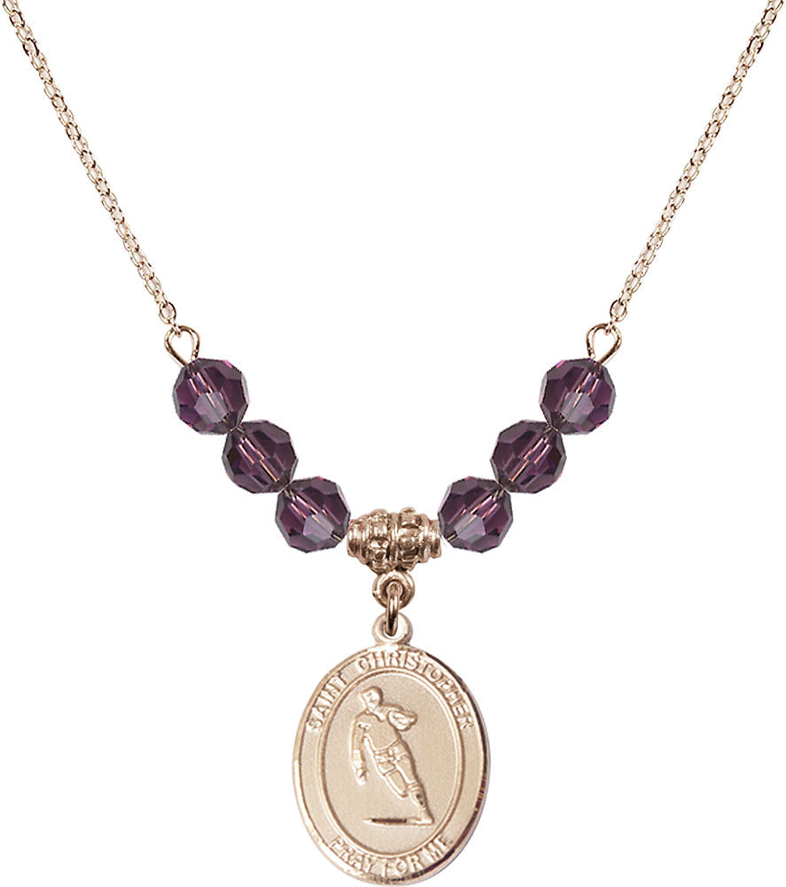 14kt Gold Filled Saint Christopher / Rugby Birthstone Necklace with Amethyst Beads - 8194
