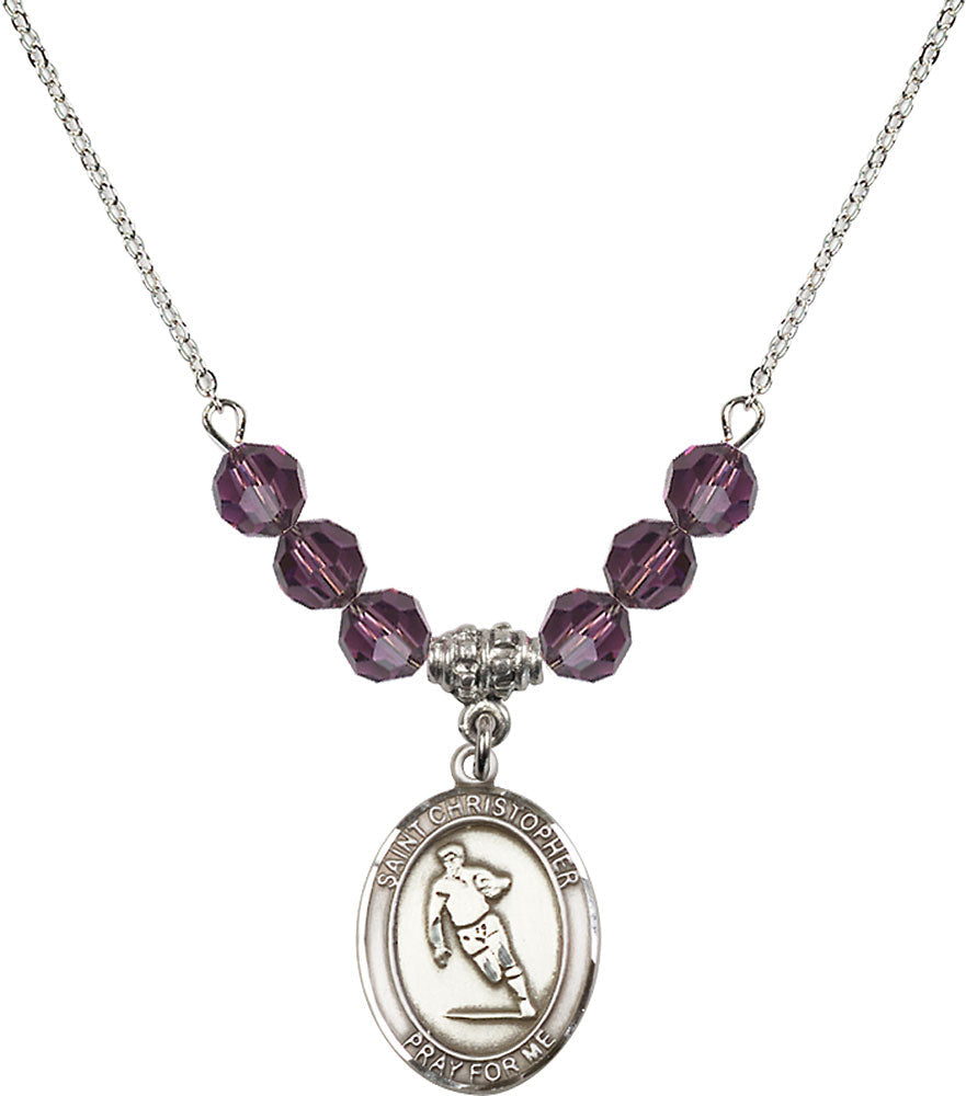 Sterling Silver Saint Christopher / Rugby Birthstone Necklace with Amethyst Beads - 8194
