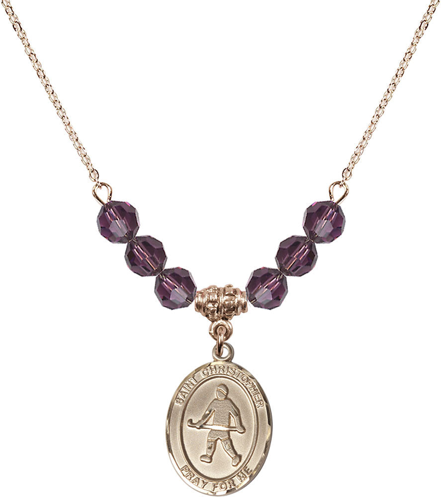 14kt Gold Filled Saint Christopher / Field Hockey Birthstone Necklace with Amethyst Beads - 8195