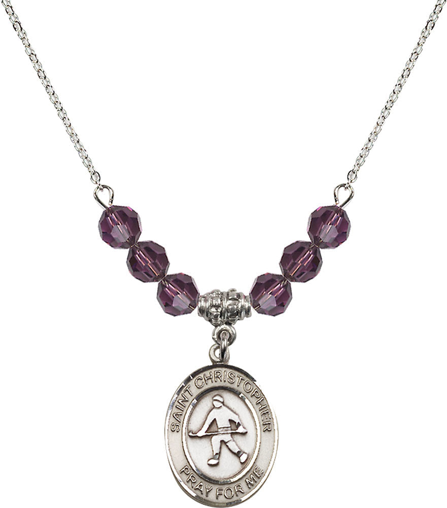 Sterling Silver Saint Christopher / Field Hockey Birthstone Necklace with Amethyst Beads - 8195