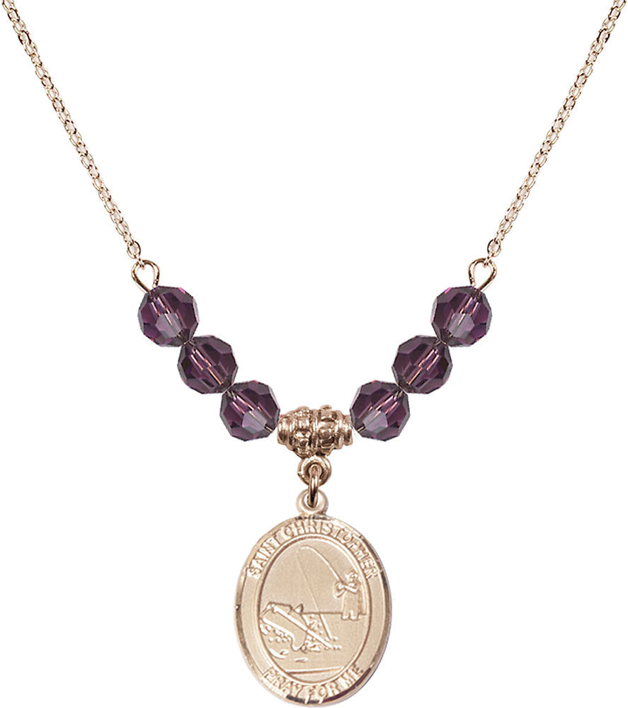 14kt Gold Filled Saint Christopher / Fishing Birthstone Necklace with Amethyst Beads - 8196