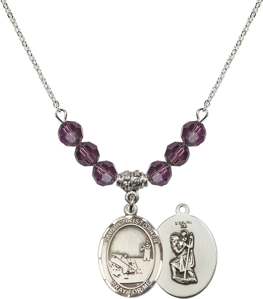 Sterling Silver Saint Christopher / Fishing Birthstone Necklace with Amethyst Beads - 8196