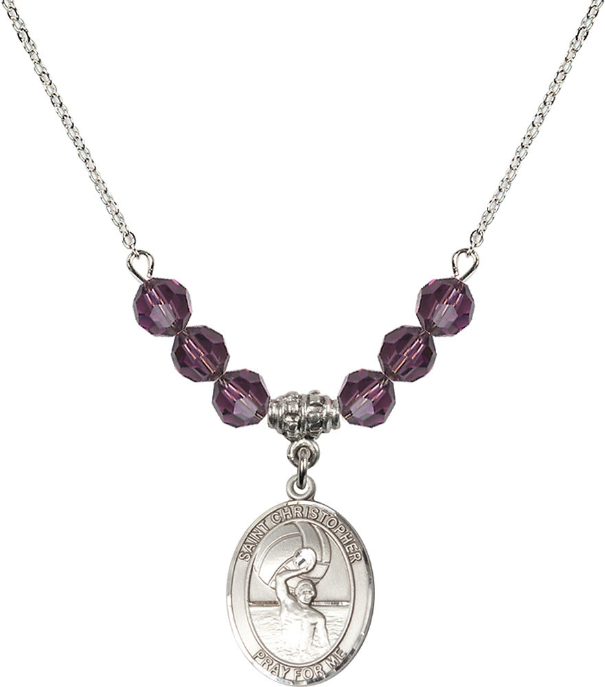 Sterling Silver Saint Christopher/Water Polo-Men Birthstone Necklace with Amethyst Beads - 8198