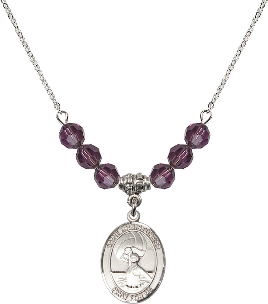 Sterling Silver Saint Christopher/Water Polo-Women Birthstone Necklace with Amethyst Beads - 8199