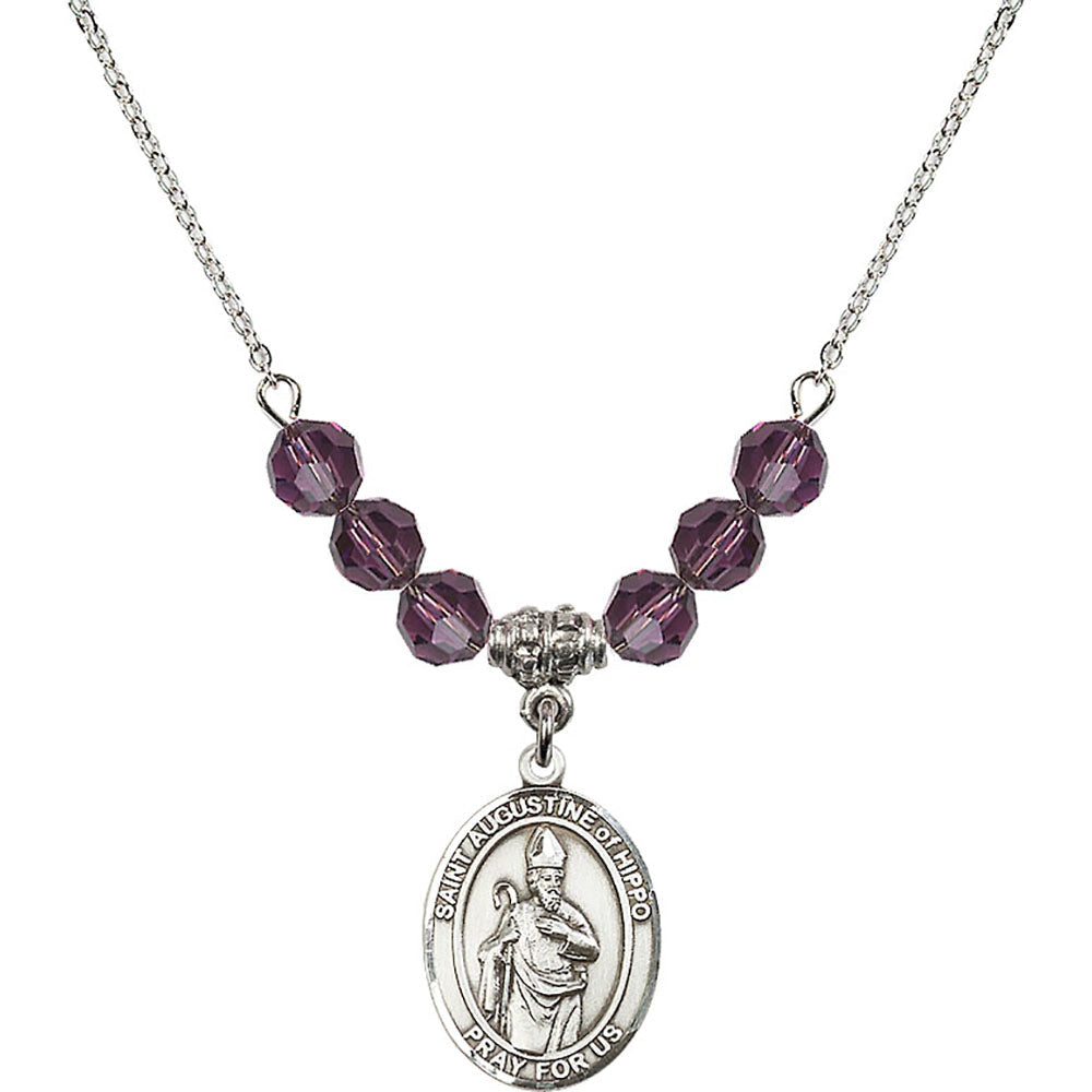 Sterling Silver Saint Augustine of Hippo Birthstone Necklace with Amethyst Beads - 8202
