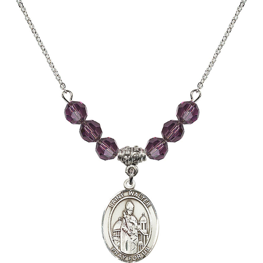Sterling Silver Saint Walter of Pontoise Birthstone Necklace with Amethyst Beads - 8285