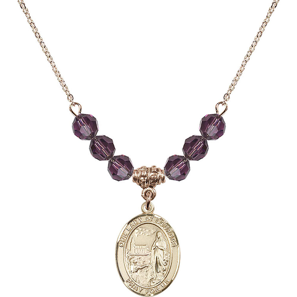 14kt Gold Filled Our Lady of Lourdes Birthstone Necklace with Amethyst Beads - 8288