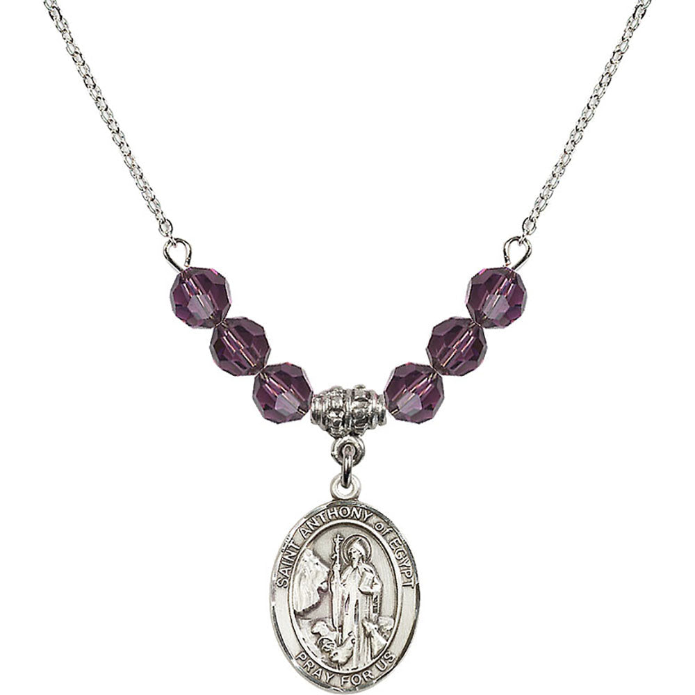 Sterling Silver Saint Anthony of Egypt Birthstone Necklace with Amethyst Beads - 8317