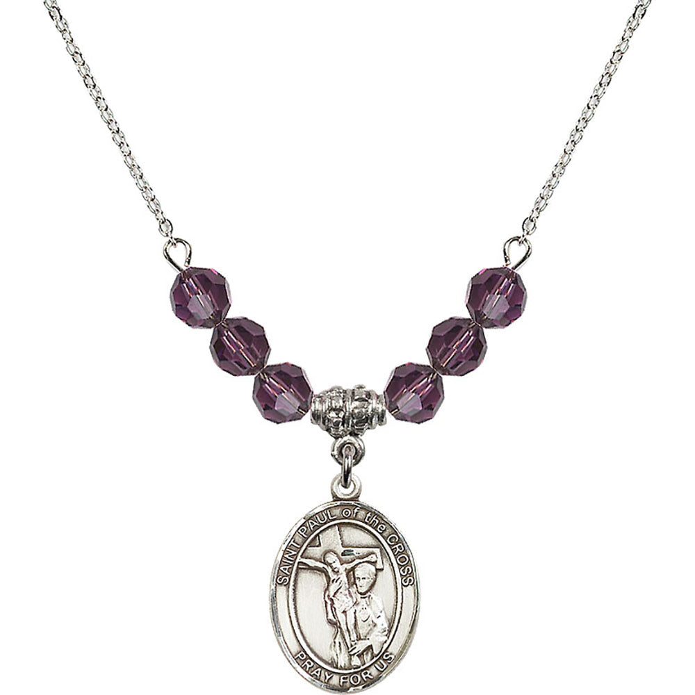 Sterling Silver Saint Paul of the Cross Birthstone Necklace with Amethyst Beads - 8318
