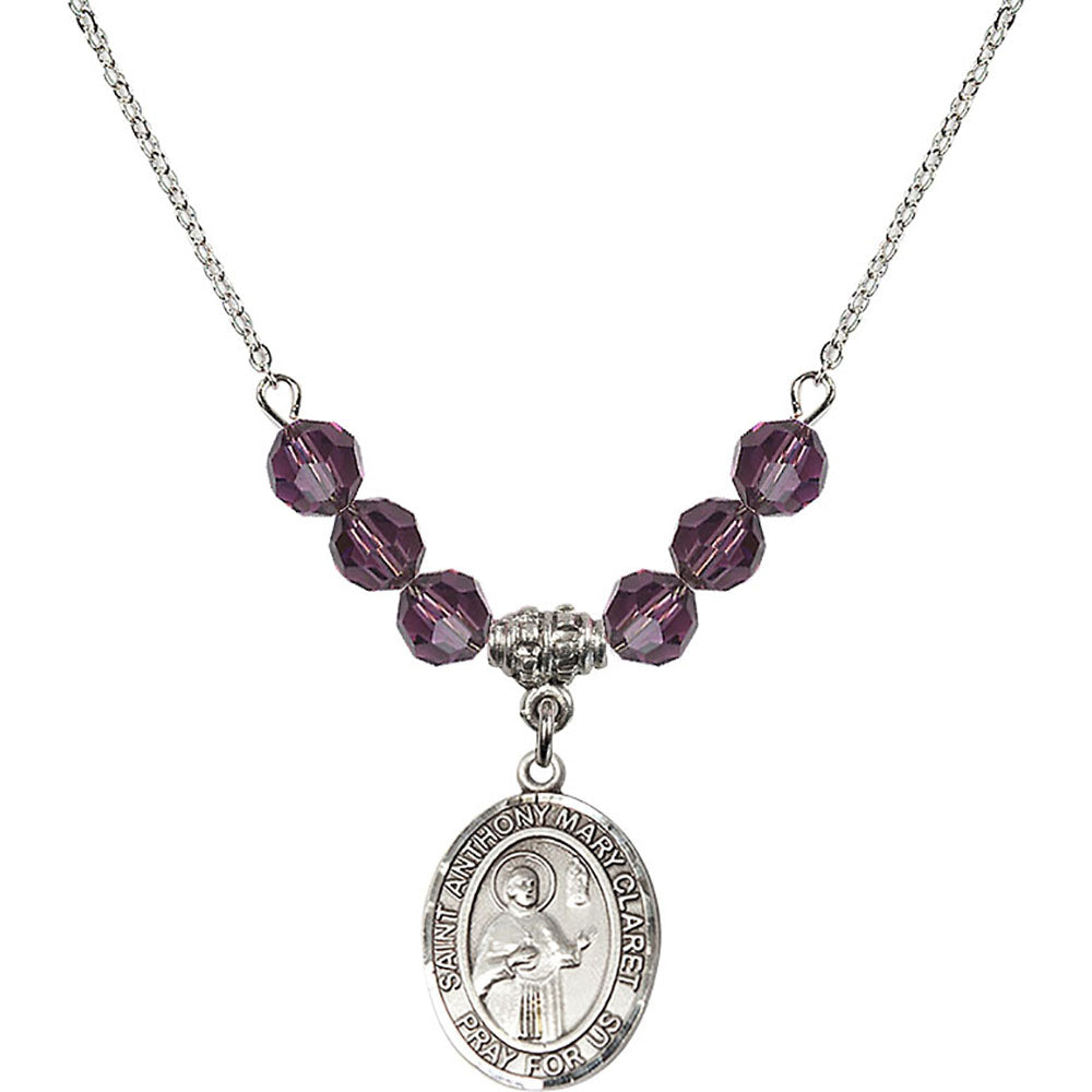 Sterling Silver Saint Anthony Mary Claret Birthstone Necklace with Amethyst Beads - 8416