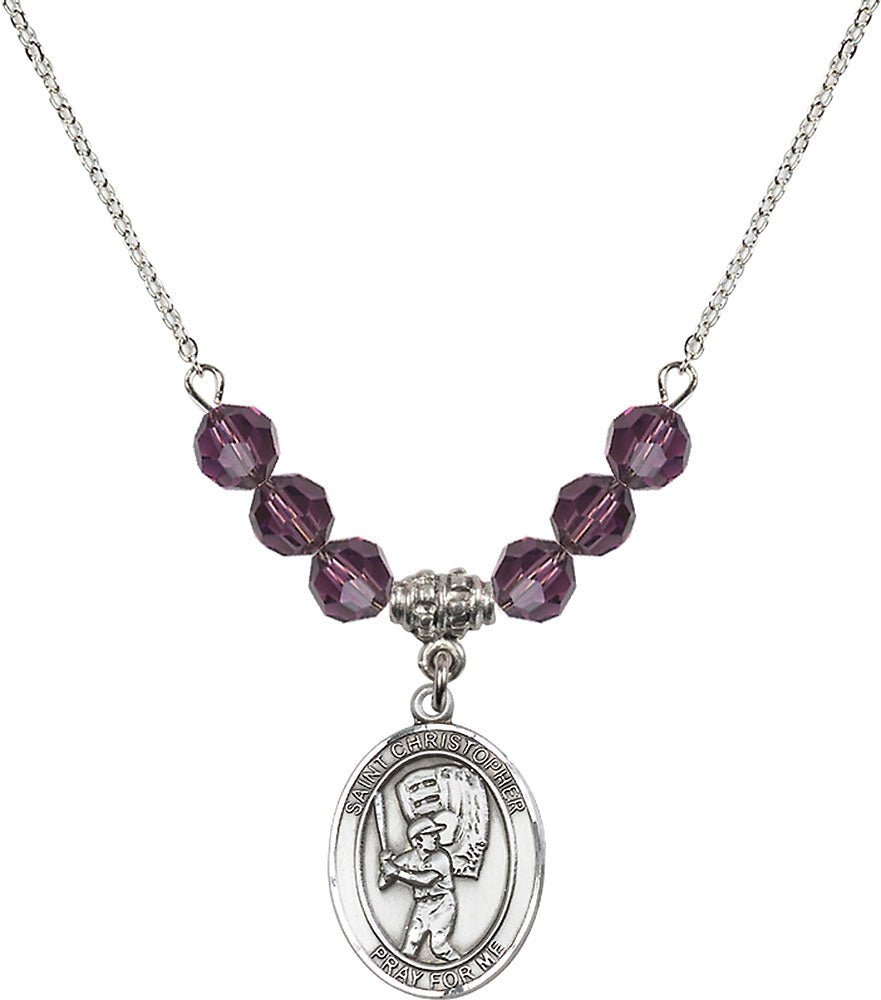 Sterling Silver Saint Christopher/Baseball Birthstone Necklace with Amethyst Beads - 8500