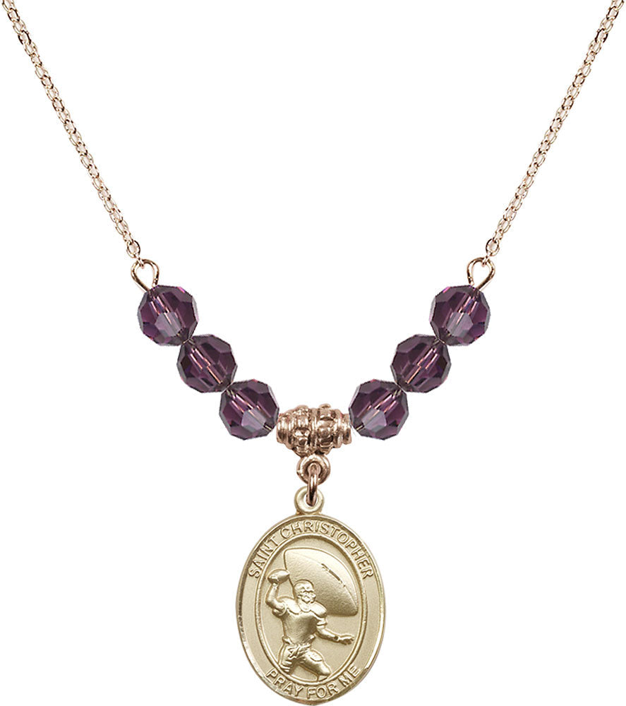 14kt Gold Filled Saint Christopher / Football Birthstone Necklace with Amethyst Beads - 8501