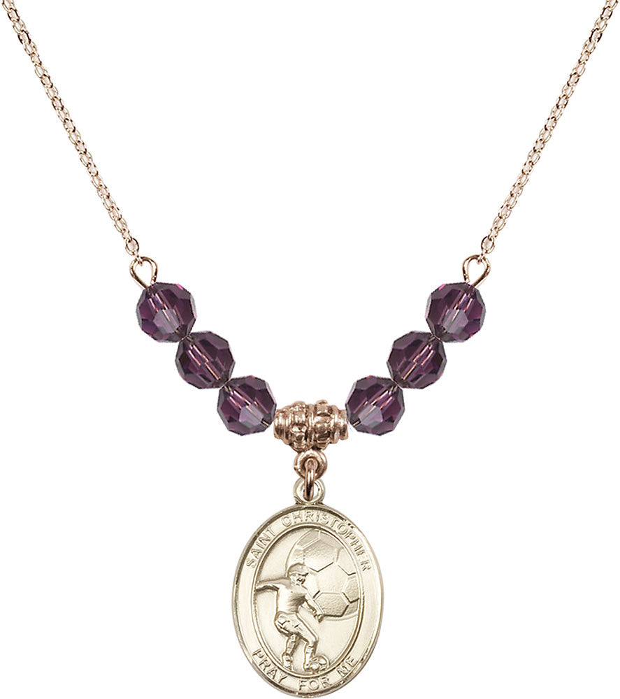 14kt Gold Filled Saint Christopher/Soccer Birthstone Necklace with Amethyst Beads - 8503