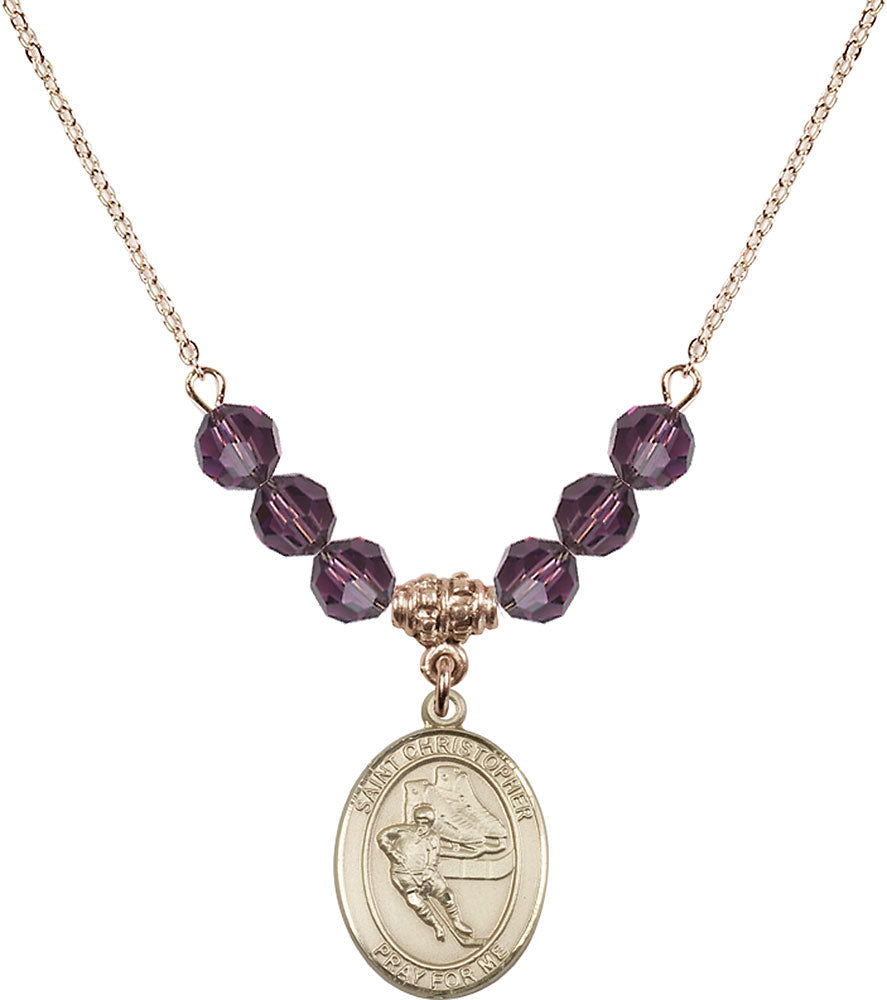 14kt Gold Filled Saint Christopher/Hockey Birthstone Necklace with Amethyst Beads - 8504