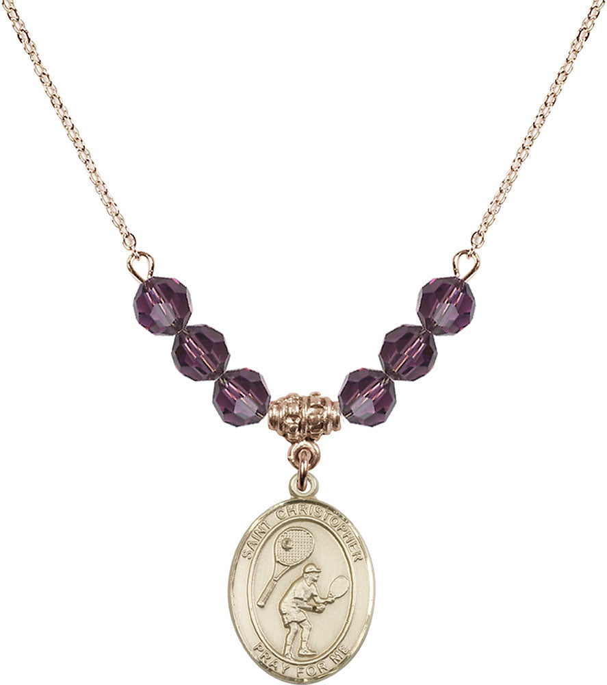 14kt Gold Filled Saint Christopher/Tennis Birthstone Necklace with Amethyst Beads - 8505