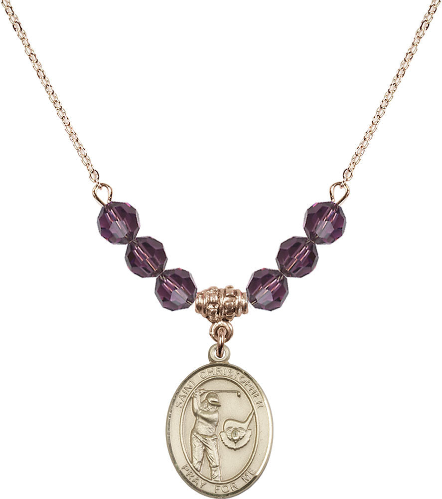 14kt Gold Filled Saint Christopher/Golf Birthstone Necklace with Amethyst Beads - 8506
