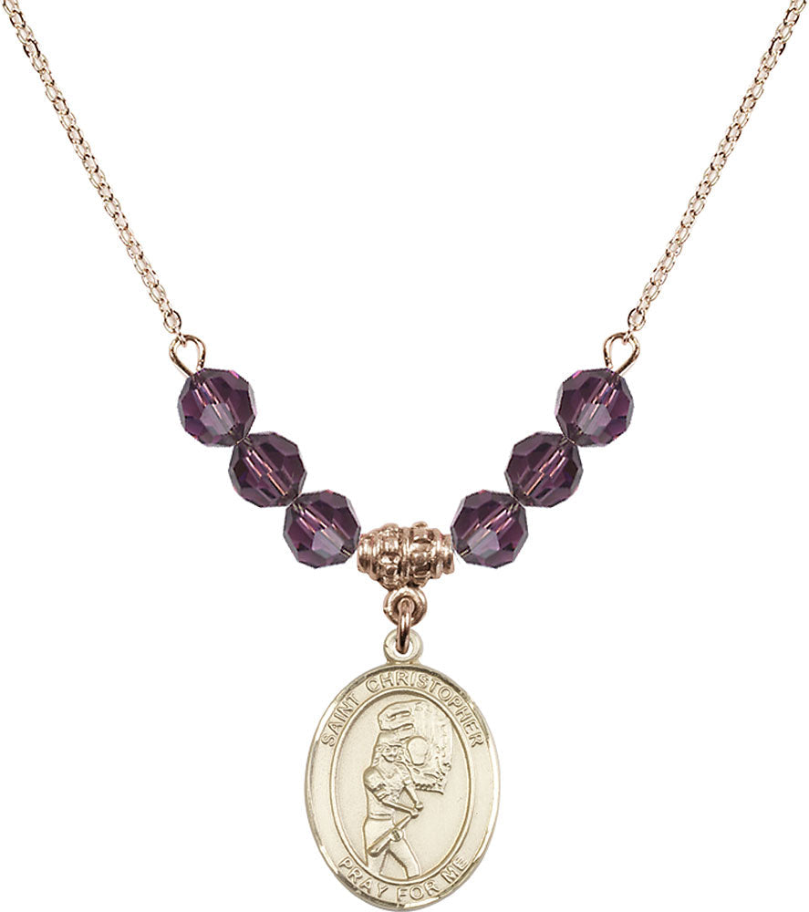 14kt Gold Filled Saint Christopher/Softball Birthstone Necklace with Amethyst Beads - 8507