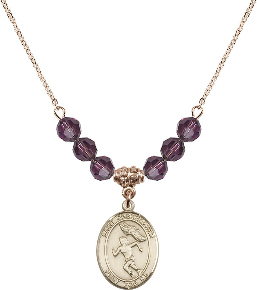 14kt Gold Filled Saint Christopher/Track&Field-Women Birthstone Necklace with Amethyst Beads - 8510