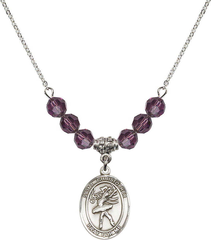 Sterling Silver Saint Christopher/Dance Birthstone Necklace with Amethyst Beads - 8512
