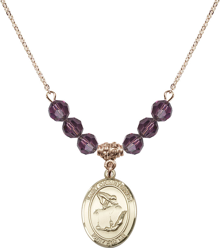 14kt Gold Filled Saint Christopher/Gymnastics Birthstone Necklace with Amethyst Beads - 8513