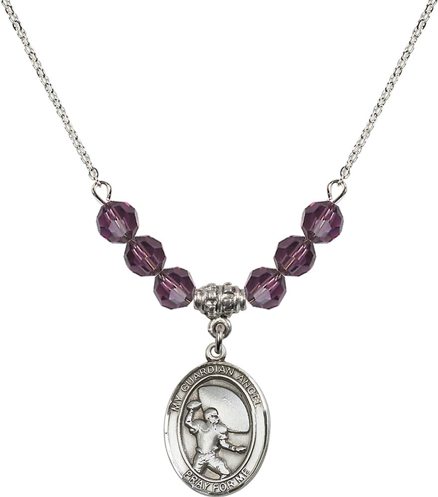 Sterling Silver Guardian Angel/Football Birthstone Necklace with Amethyst Beads - 8701
