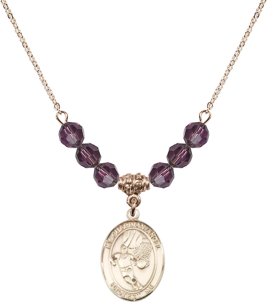 14kt Gold Filled Guardian Angel/Basketball Birthstone Necklace with Amethyst Beads - 8702