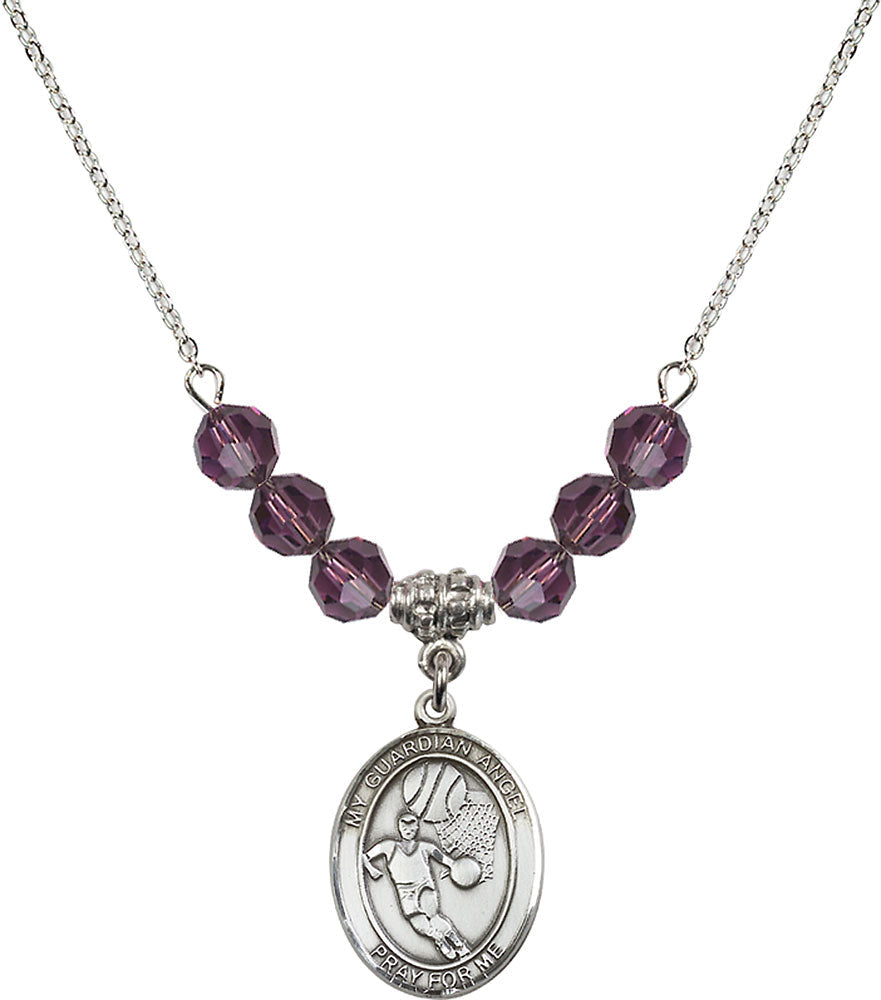 Sterling Silver Guardian Angel/Basketball Birthstone Necklace with Amethyst Beads - 8702