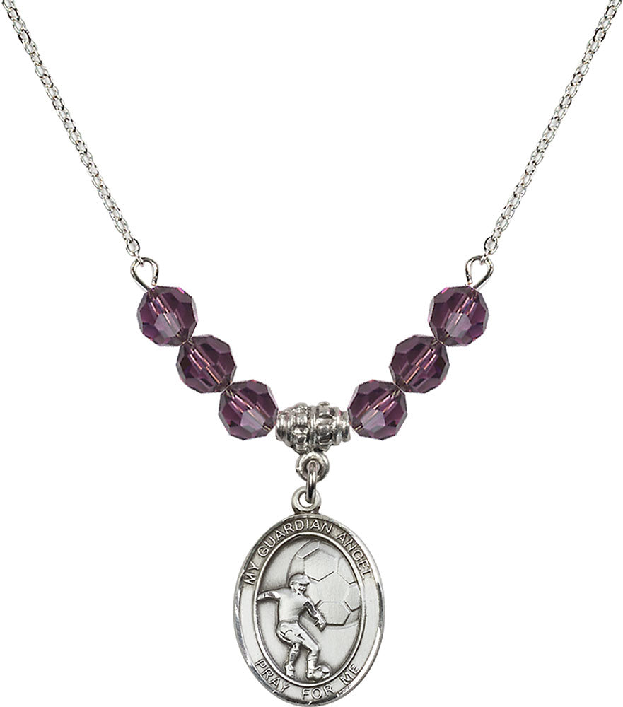 Sterling Silver Guardian Angel/Soccer Birthstone Necklace with Amethyst Beads - 8703