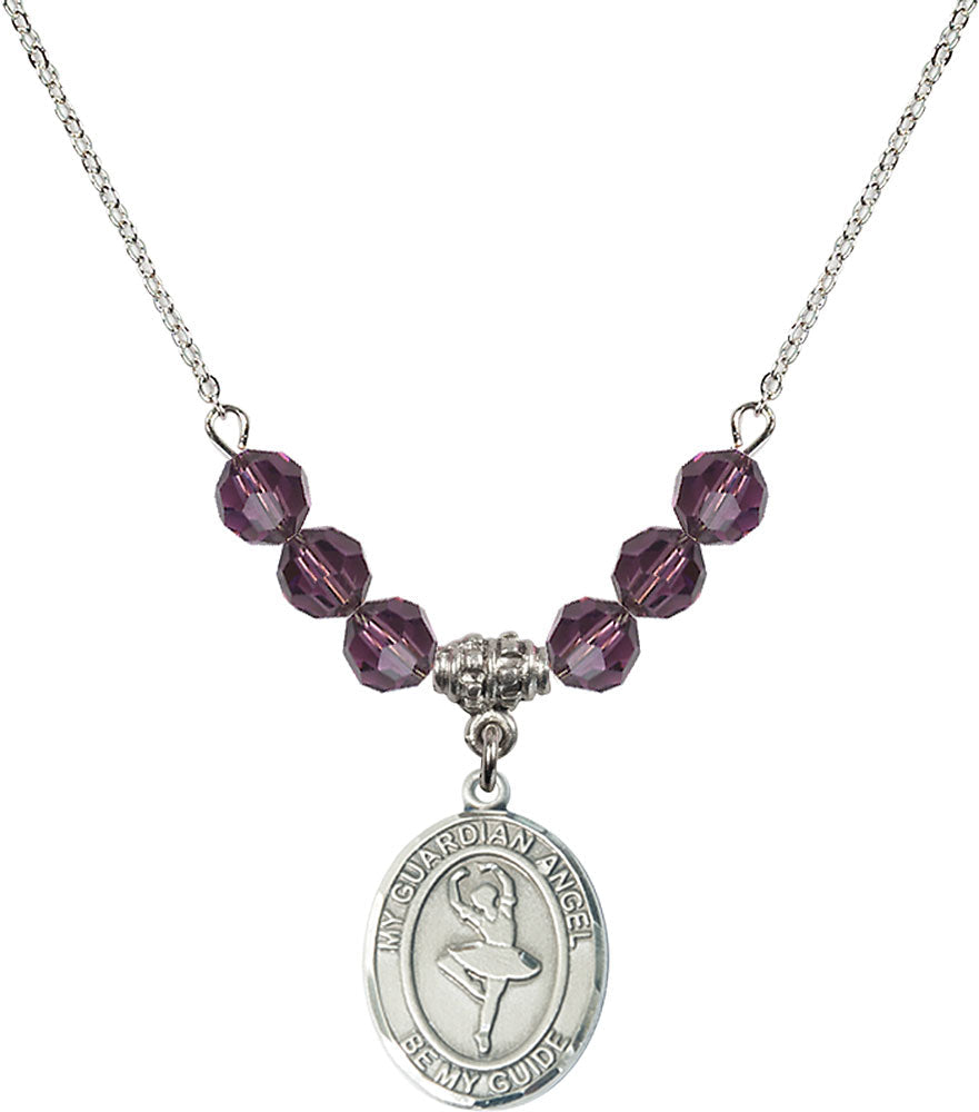 Sterling Silver Guardian Angel/Dance Birthstone Necklace with Amethyst Beads - 8712