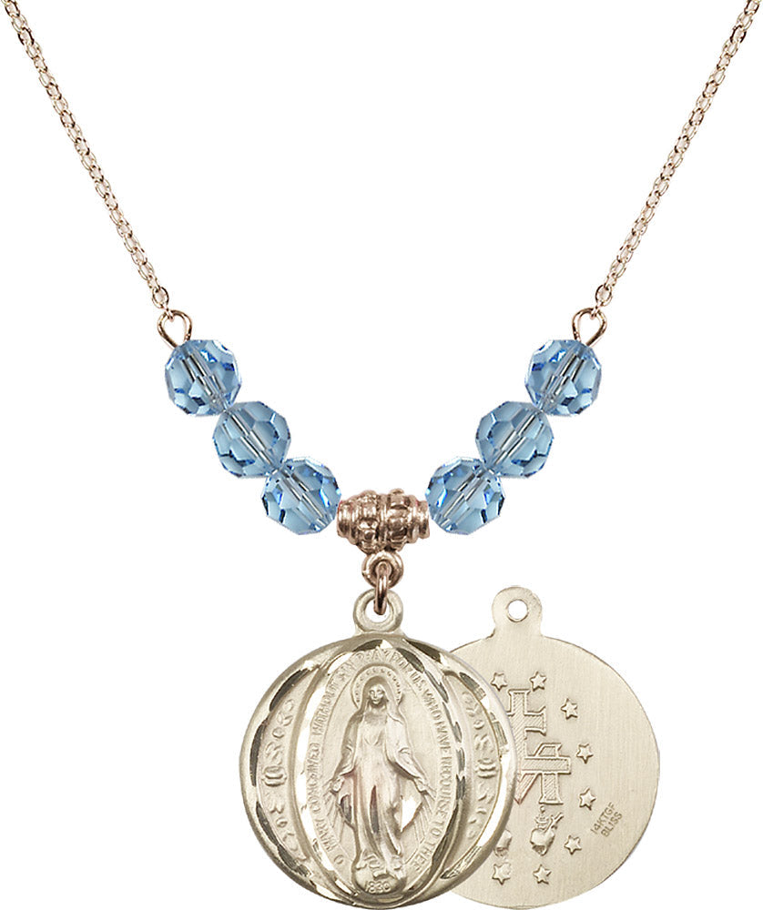 14kt Gold Filled Miraculous Birthstone Necklace with Aqua Beads - 0017