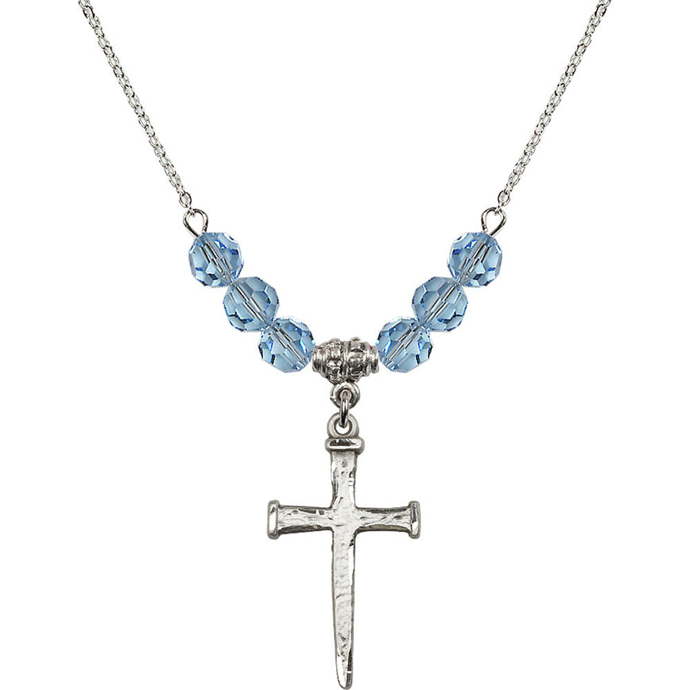 Sterling Silver Nail Cross Birthstone Necklace with Aqua Beads - 0085