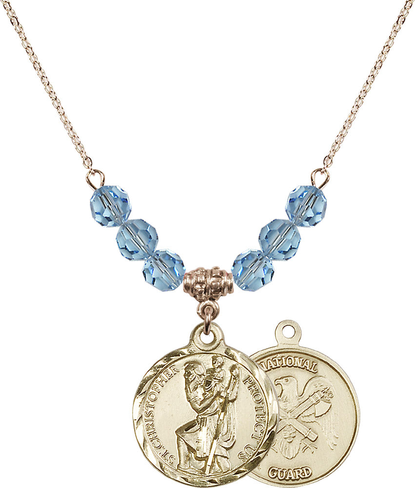 14kt Gold Filled Saint Christopher / Nat'l Guard Birthstone Necklace with Aqua Beads - 0192