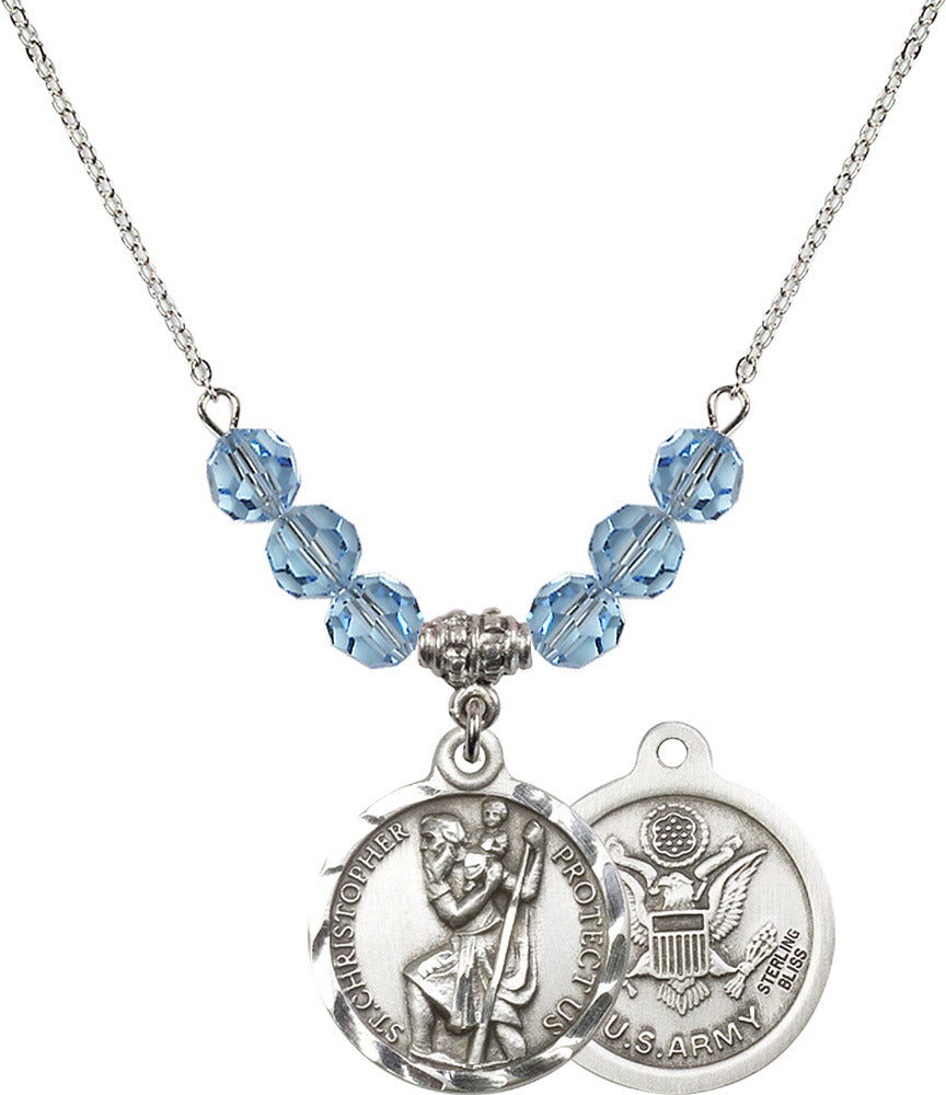 Sterling Silver Saint Christopher / Army Birthstone Necklace with Aqua Beads - 0192