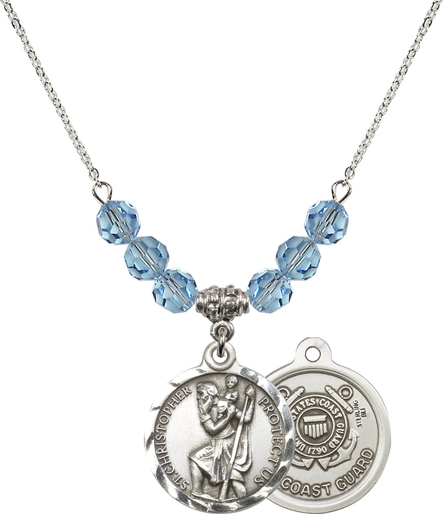 Sterling Silver Saint Christopher / Coast Guard Birthstone Necklace with Aqua Beads - 0192