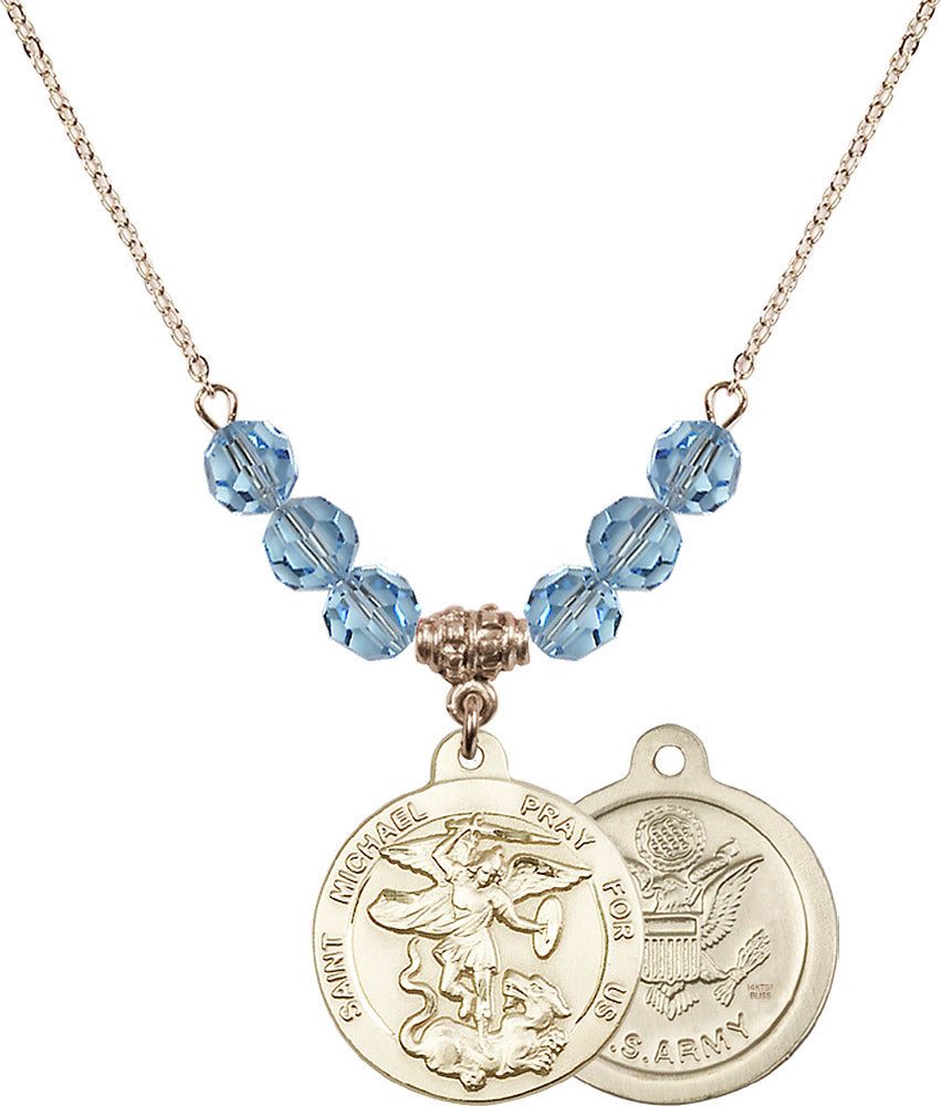 14kt Gold Filled Saint Michael / Army Birthstone Necklace with Aqua Beads - 0342