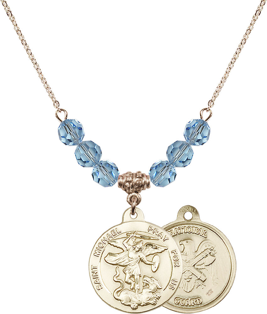 14kt Gold Filled Saint Michael / Nat'l Guard Birthstone Necklace with Aqua Beads - 0342