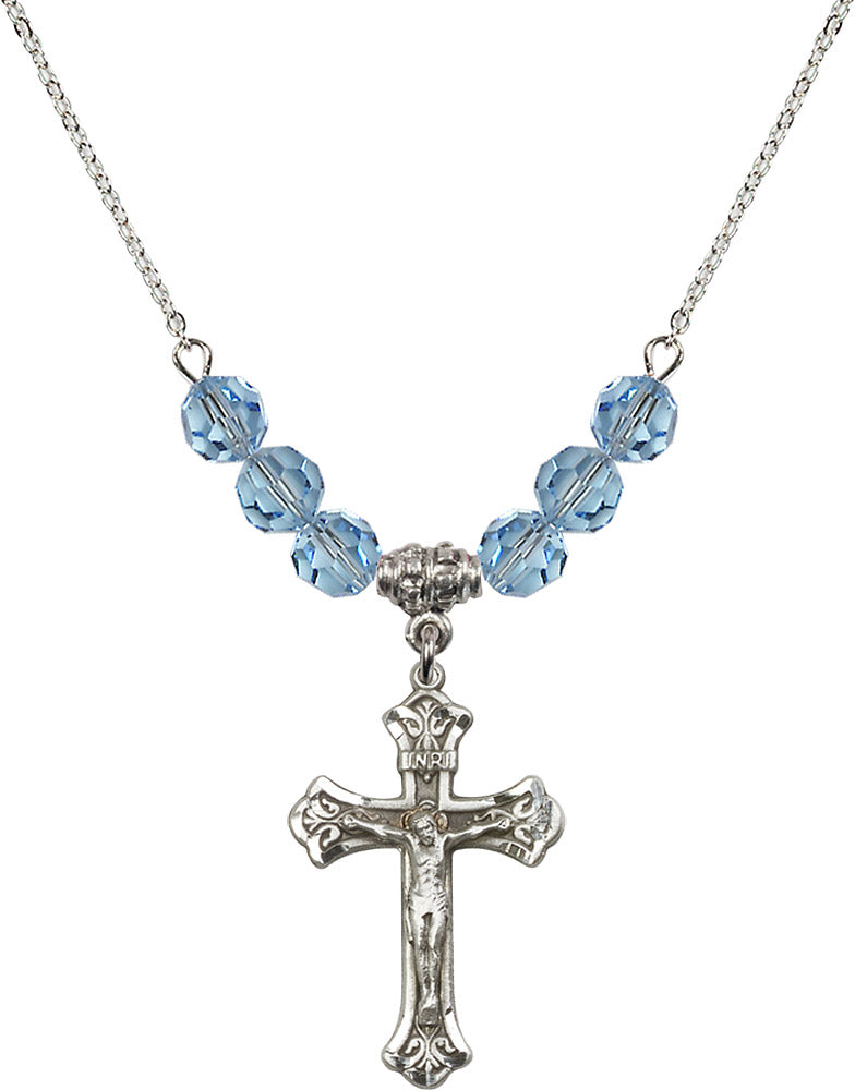 Sterling Silver Crucifix Birthstone Necklace with Aqua Beads - 0622
