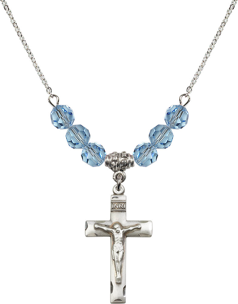 Sterling Silver Crucifix Birthstone Necklace with Aqua Beads - 0624