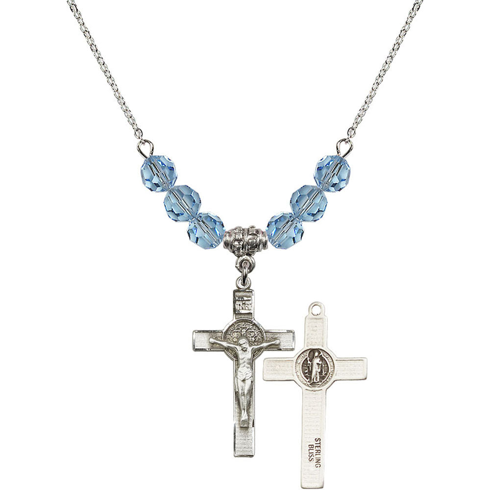 Sterling Silver Saint Benedict Crucifix Birthstone Necklace with Aqua Beads - 0625