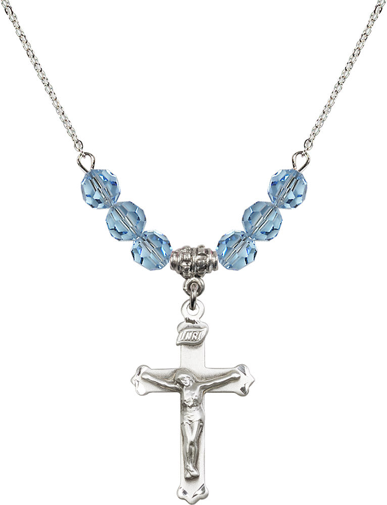 Sterling Silver Crucifix Birthstone Necklace with Aqua Beads - 0651