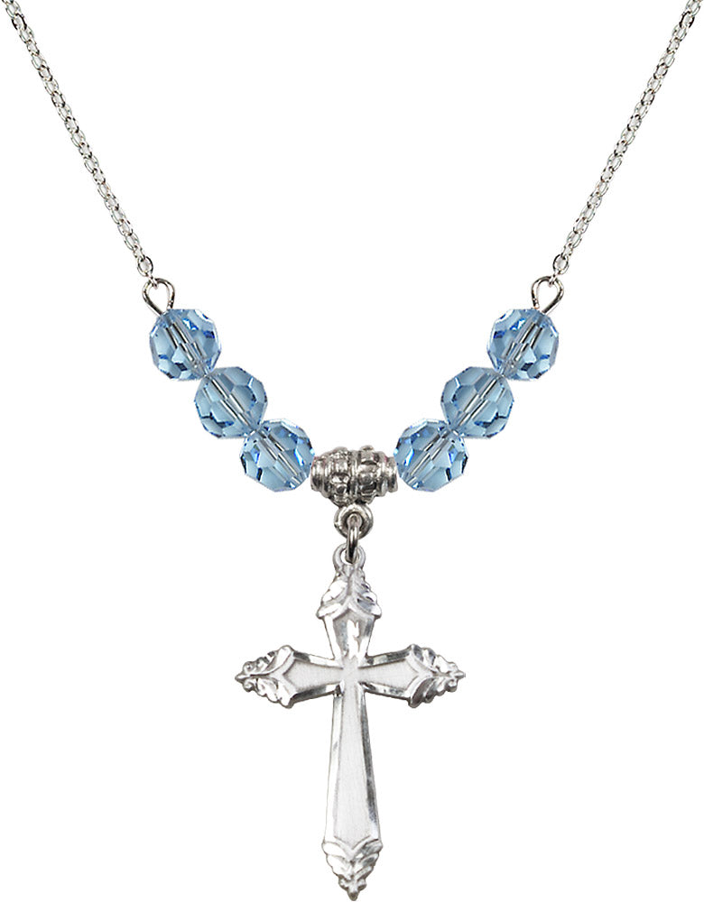 Sterling Silver Cross Birthstone Necklace with Aqua Beads - 0665