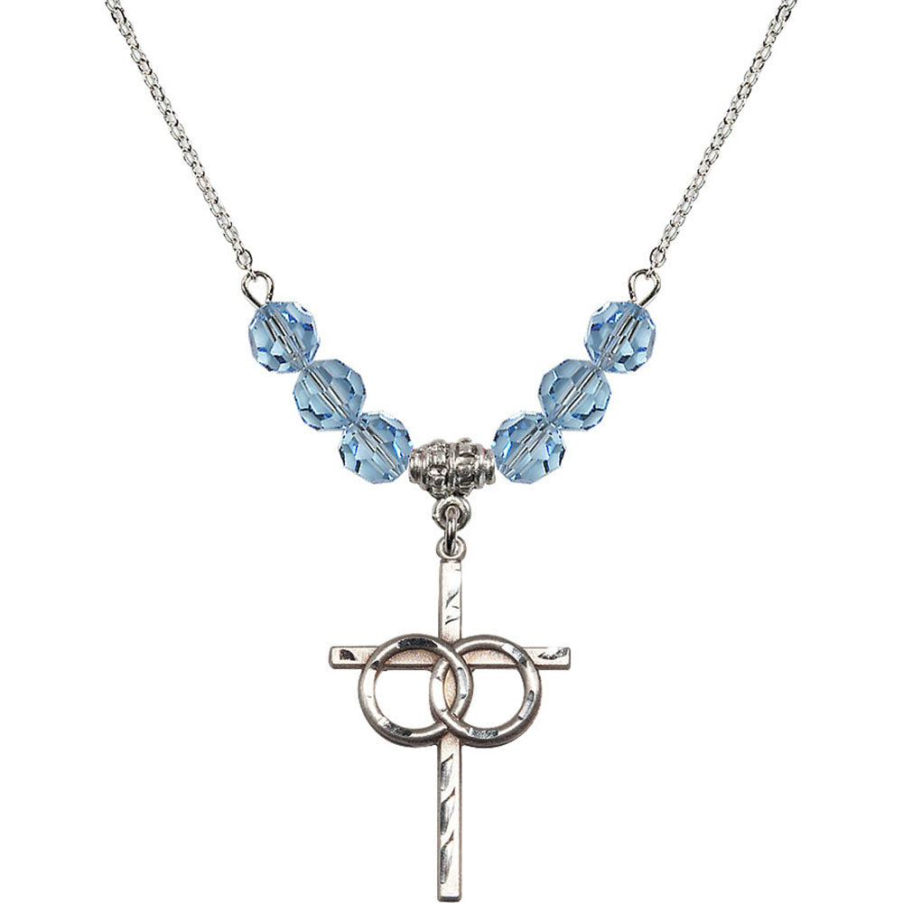 Sterling Silver Wedding Rings Cross Birthstone Necklace with Aqua Beads - 0671
