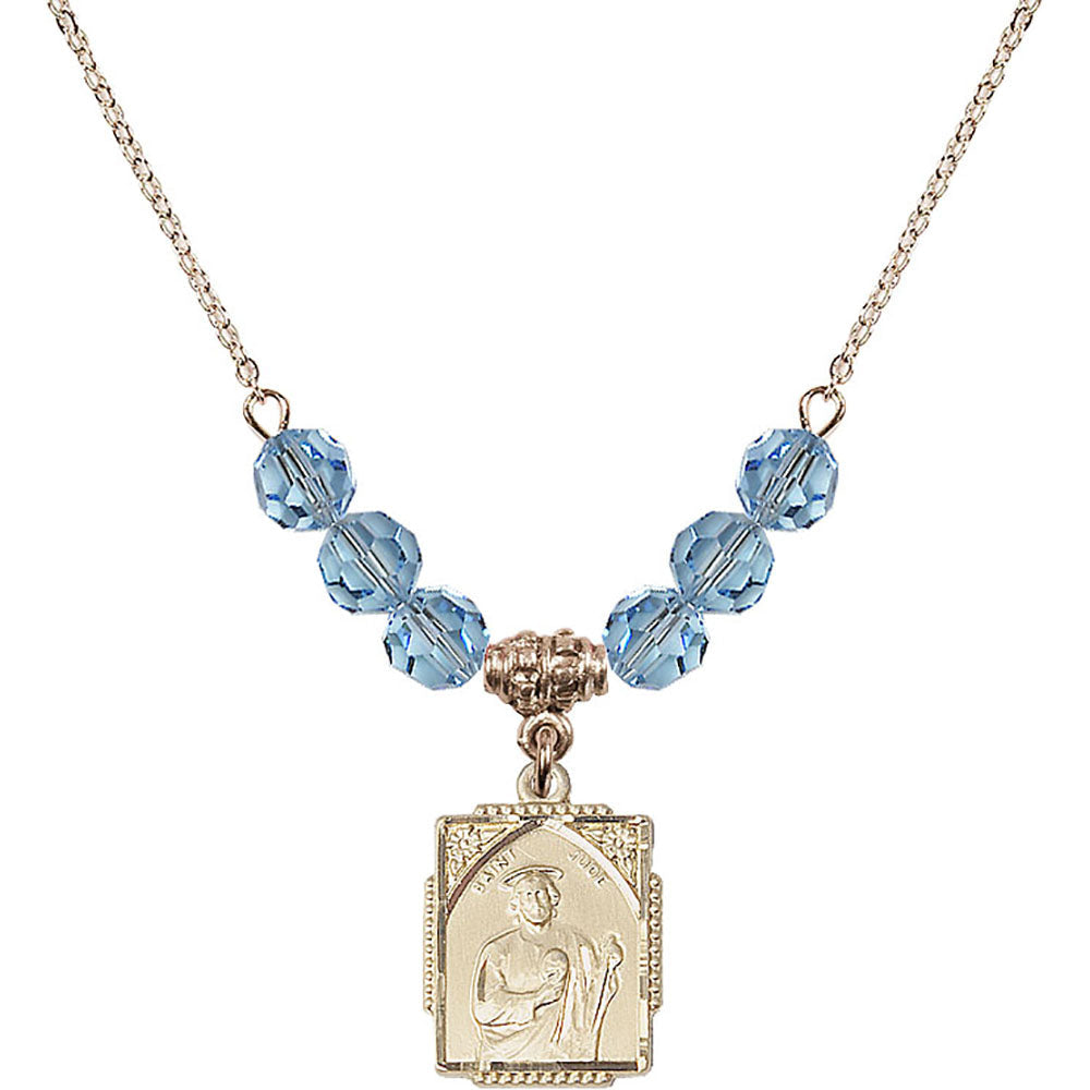 14kt Gold Filled Saint Jude Birthstone Necklace with Aqua Beads - 0804