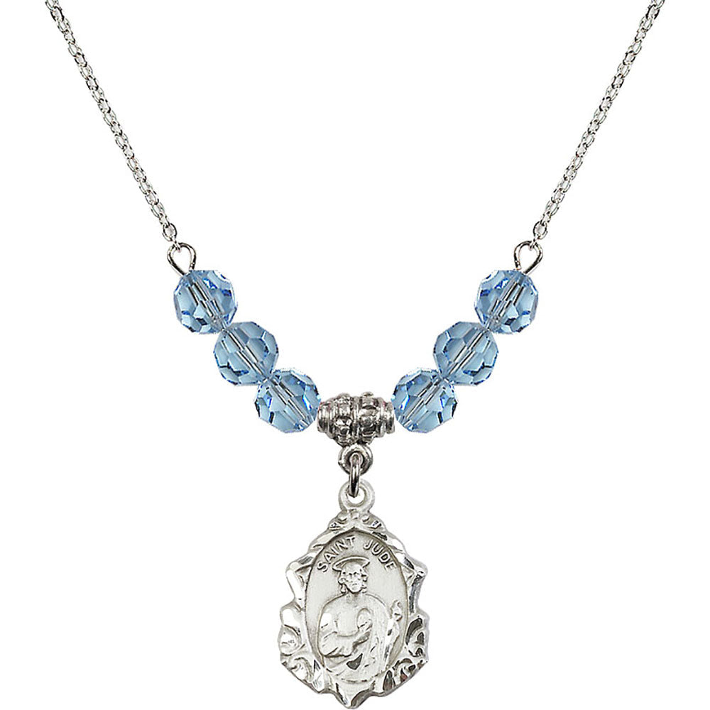 Sterling Silver Saint Jude Birthstone Necklace with Aqua Beads - 0822