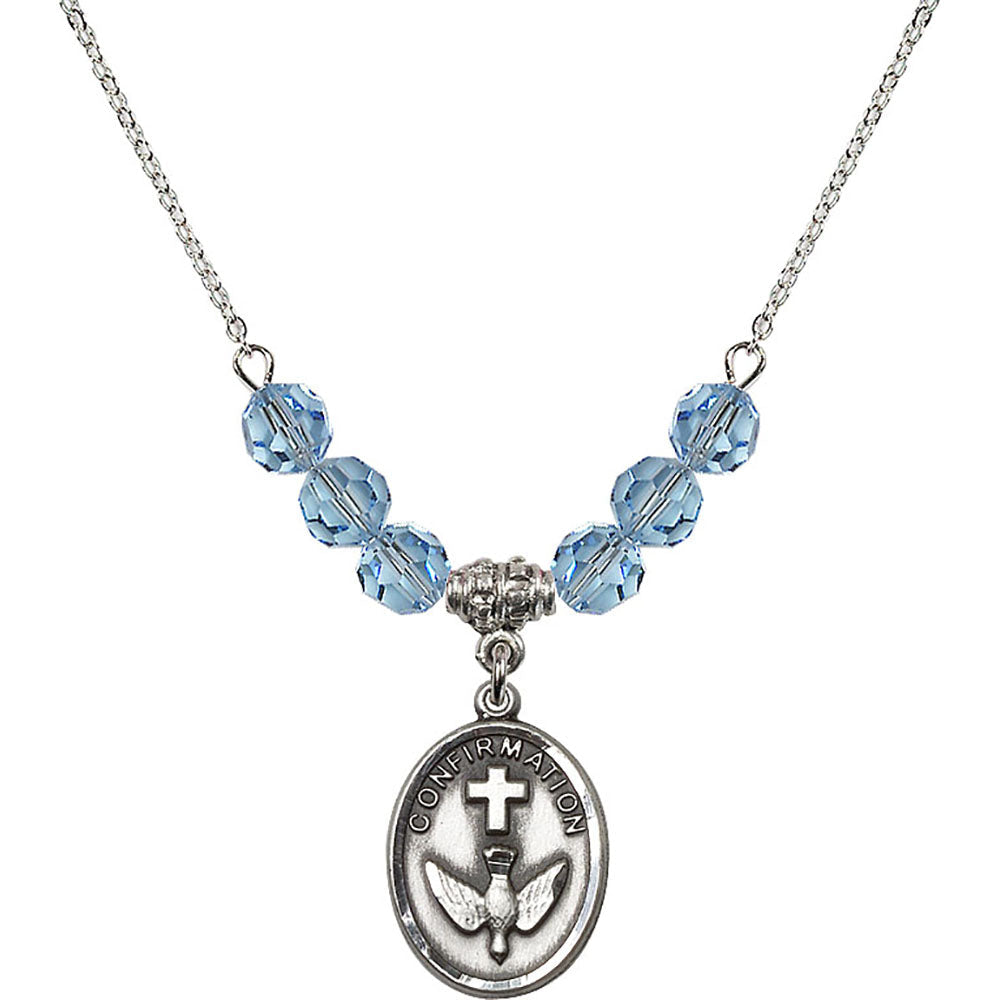 Sterling Silver Confirmation Birthstone Necklace with Aqua Beads - 0873